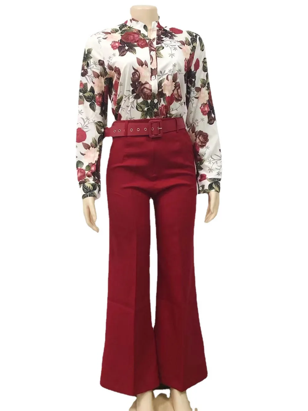 2024 European and American cross-border casual suit printed stand-up collar long-sleeved shirt wide-leg pants two-piece set