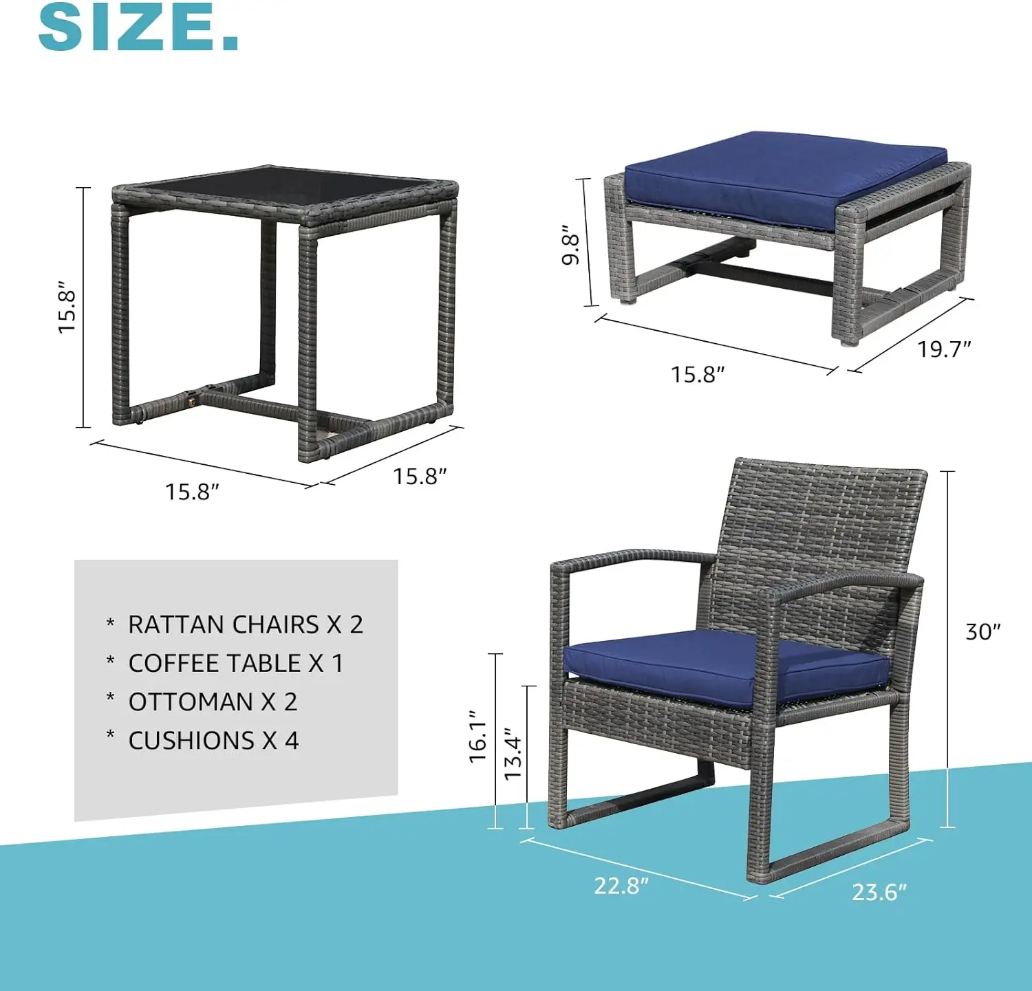 Juego de muebles de mimbre para Patio al aire libre, silla de ratán PE para todo tipo de clima y taburete otomano, mesa de centro, cojines, 5 piezas