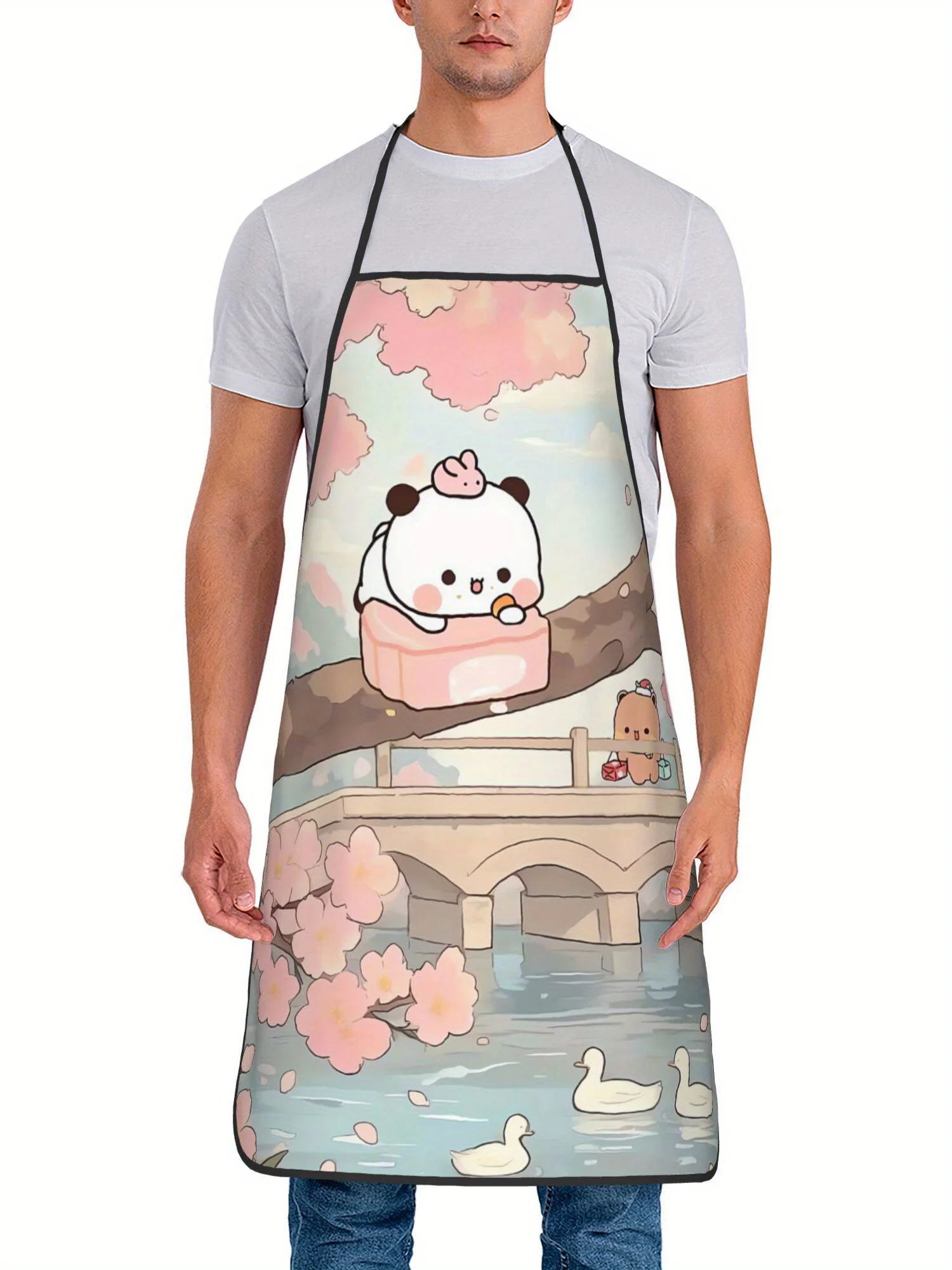 Soft Pastel Cartoon Panda Sakura River Scene All Over Print Waterproof Cooking Apron Girls Backyard BBQ Home Kitchen Decor Gift