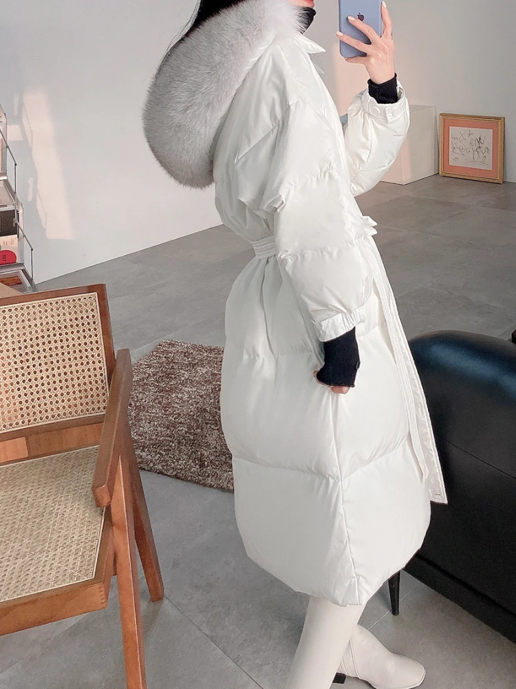 MENINA BONITA 2022 New White Duck Down Winter Jacket Women Coat Really Natural Fox Fur Collar Hooded X-Long Outerwear Streetwear