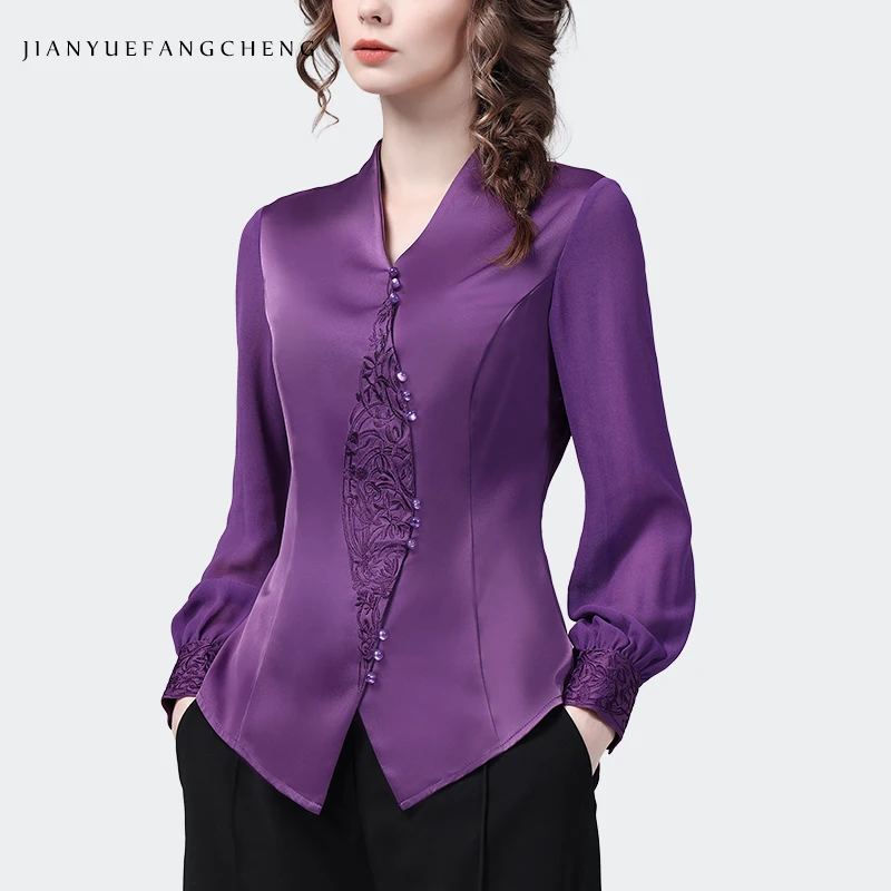 Satin Top 2023 Spring Summer Women Long Sleeve V-neck Purple Embroidered Beaded Blouse Retro Casual Slim Fit Ladies 90s Shirts