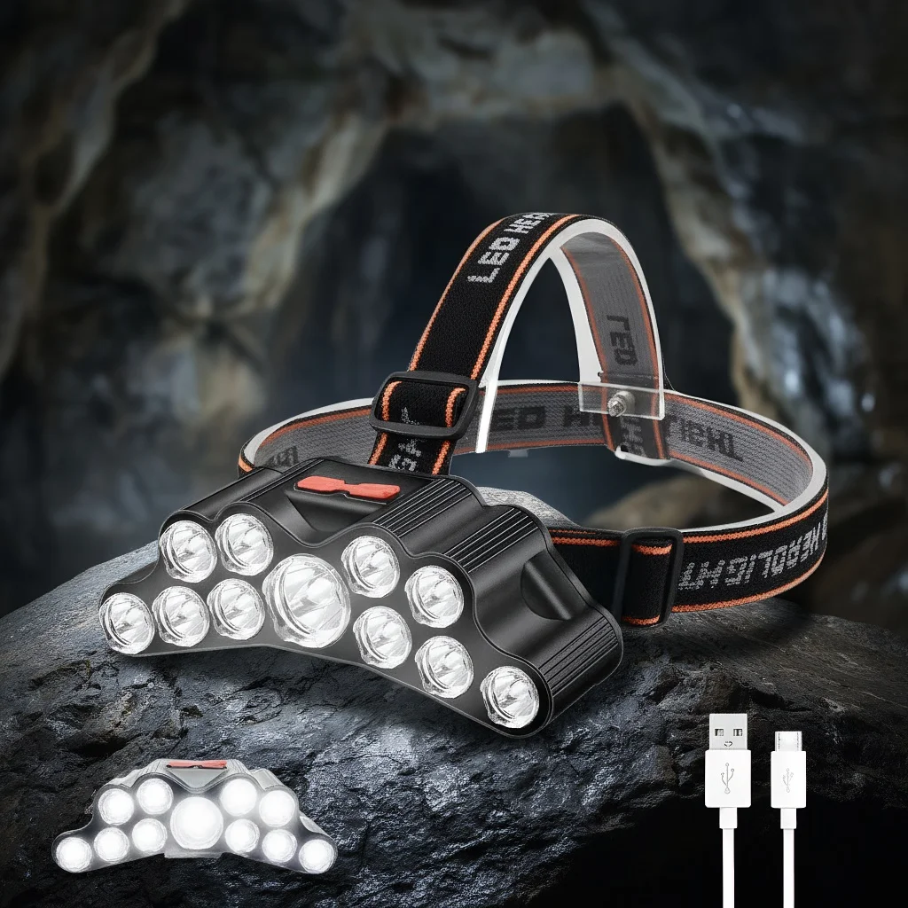

11 LED Headlamp Strong Light - USB Rechargeable Headlight with 18650 Battery for Fishing Outdoor Lantern