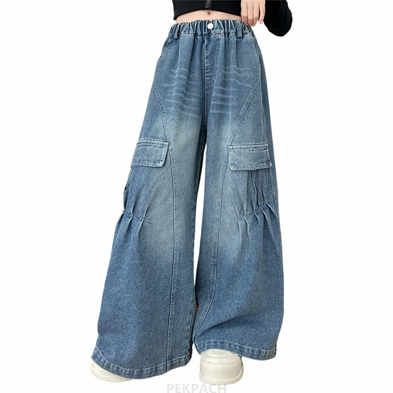 

Kids New Designer Fashion Cargo Jeans with Pocket for Girls High Street Wide Leg Denim Pants Children's Spring Autumn Trousers