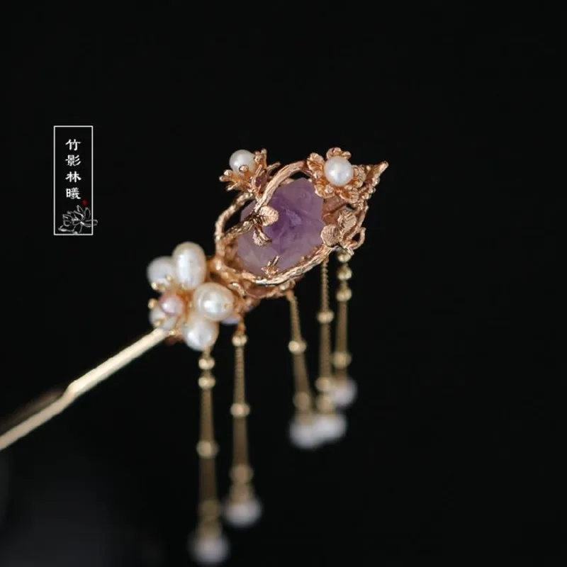 

Длинная заколка для волос с кисточками цвета аметиста, нежная заколка для волос с хрустальными бусинами, заколка-буяо для женщин, богемный повседневный праздничный подарок