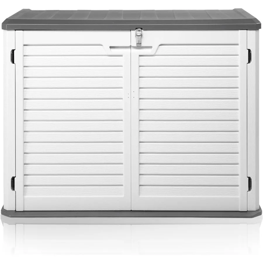 Outdoor Horizontal Storage Shed, HDPE, Gray, 34 Cu Ft Weather Resistant Waterproof Lockable Multi-Opening Door for Bikes Trash