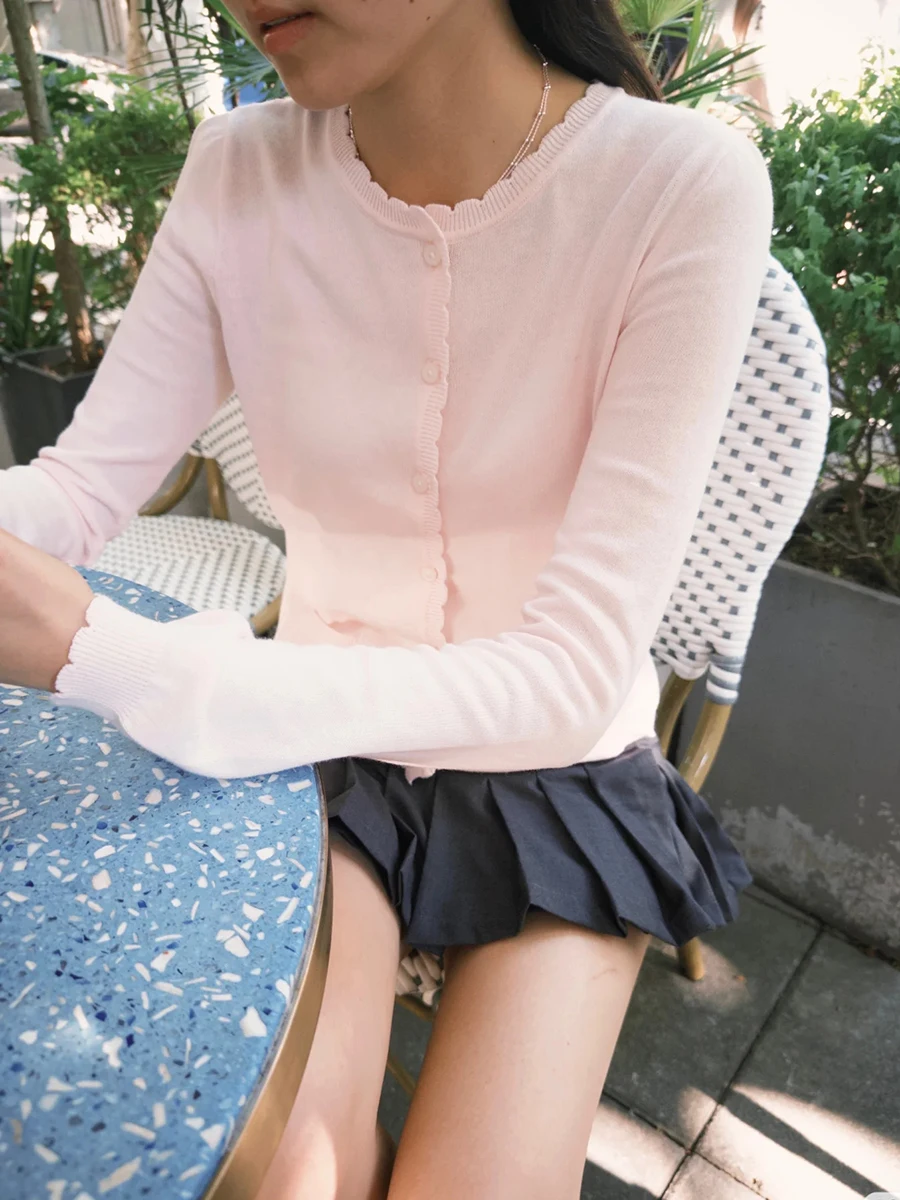 

Pockets Pink Cute Knitted Sweater Cardigan Women New Wave Trim O-neck Cotton Autumn Sweaters Sweet All-match Solid Knitwear Tops