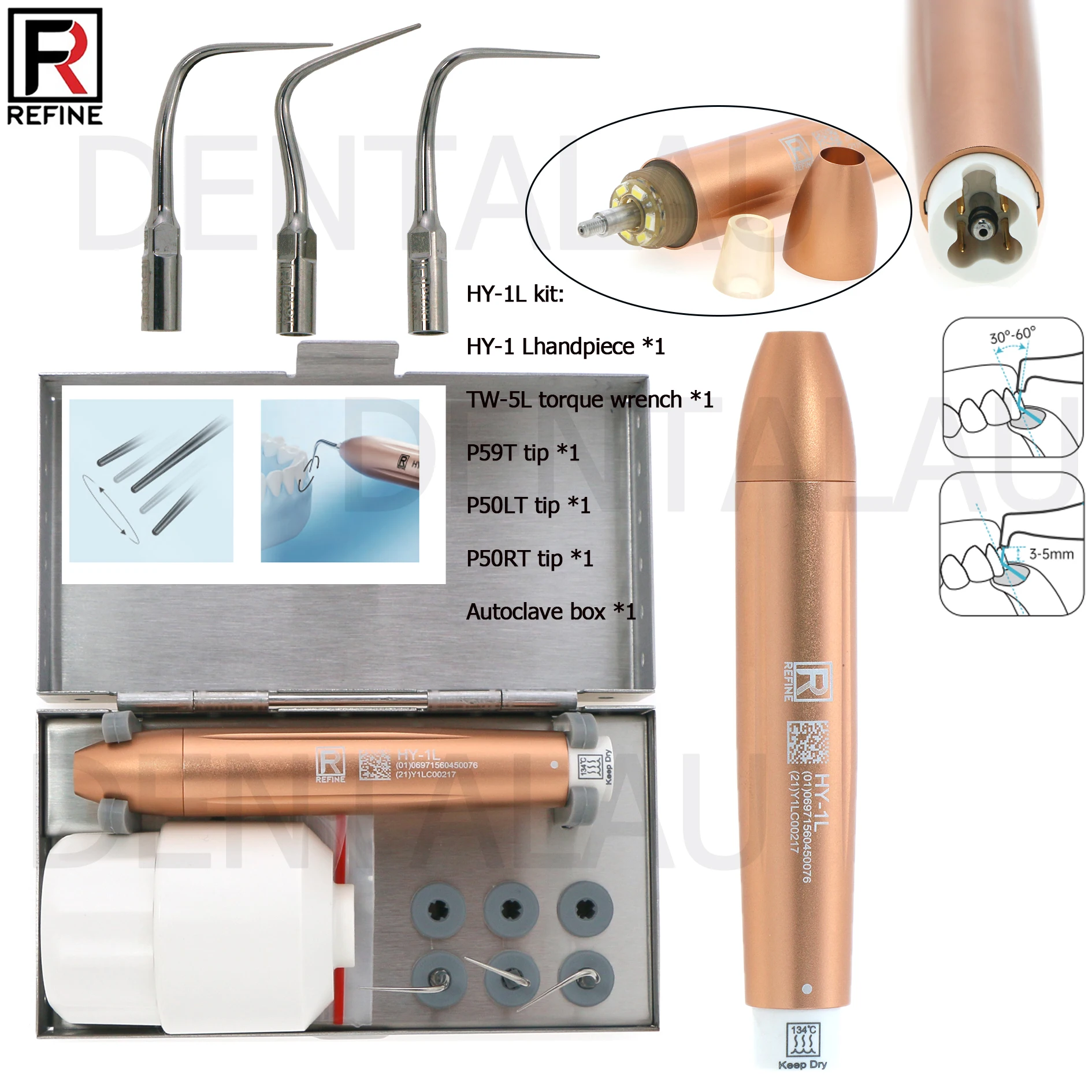 Refine Dental Ultrasonic Scaler Handpiece for Woodpecker PT3 PT5 PTA P59T P50LT P50RT Tips HY-1L Kit