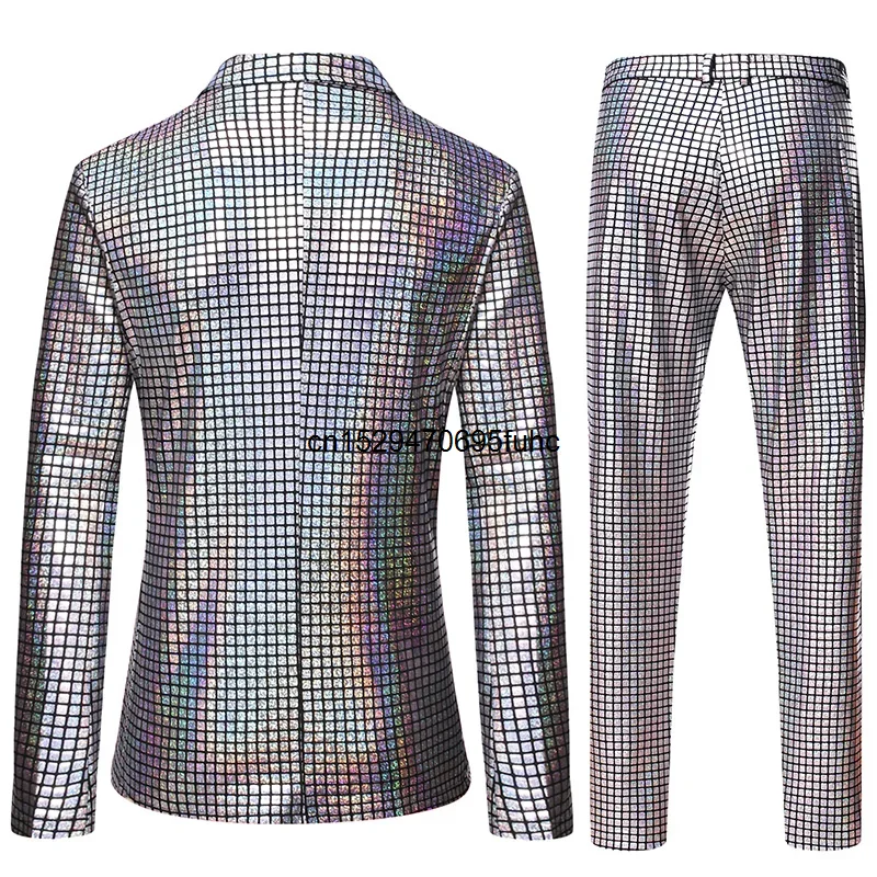 Mens Stage Prom Suits Shiny Rainbow Plaid Sequin Jacket Pants Men Dance Festival Christmas Halloween Party Costume Homme