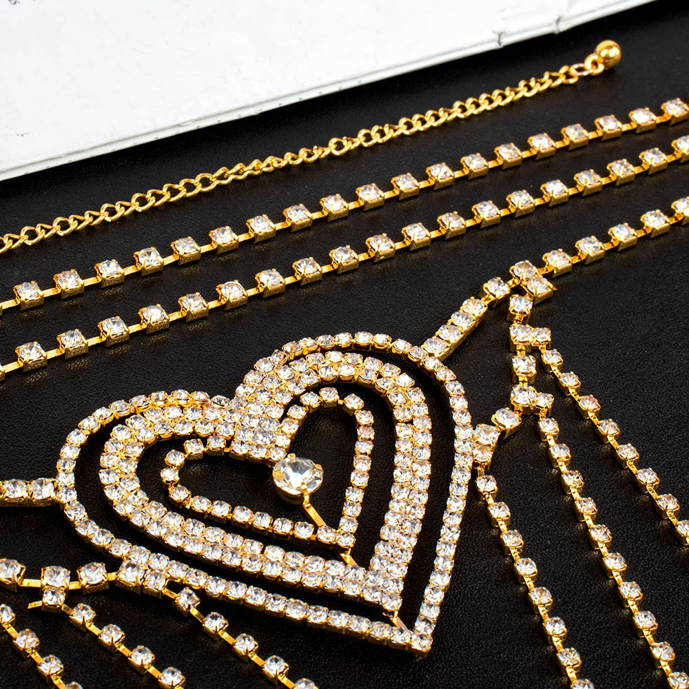 Fashionable Single Layer Heart Patterned Tassel Rhinestone Waist Chain Women\'s Body Chain