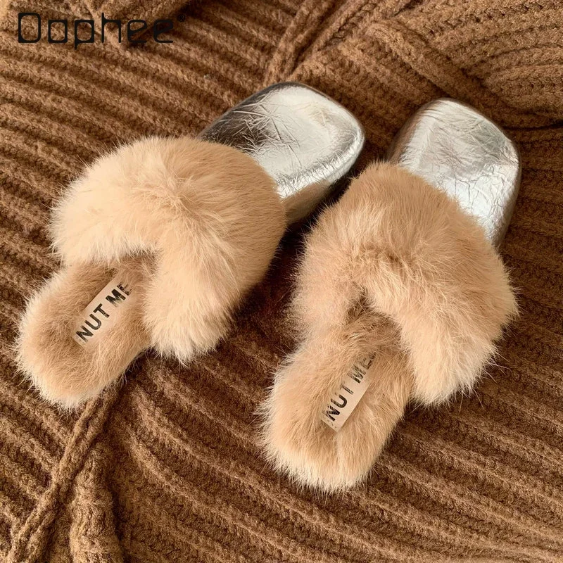 

Sliver Rabbit Fur Flats Slippers Women Winter Outer Korean Style Plush Half Shoes Chic Female Trendy Square Toe Shoes 2025 New