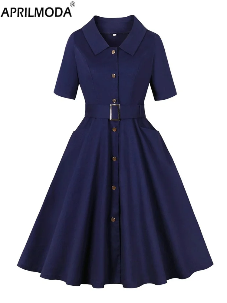 2025 Navy Blue Solid Vintage Casual Dress for Women Single Breasted Button 1950s Shirt Office Elegant A Line Dresses with Belt