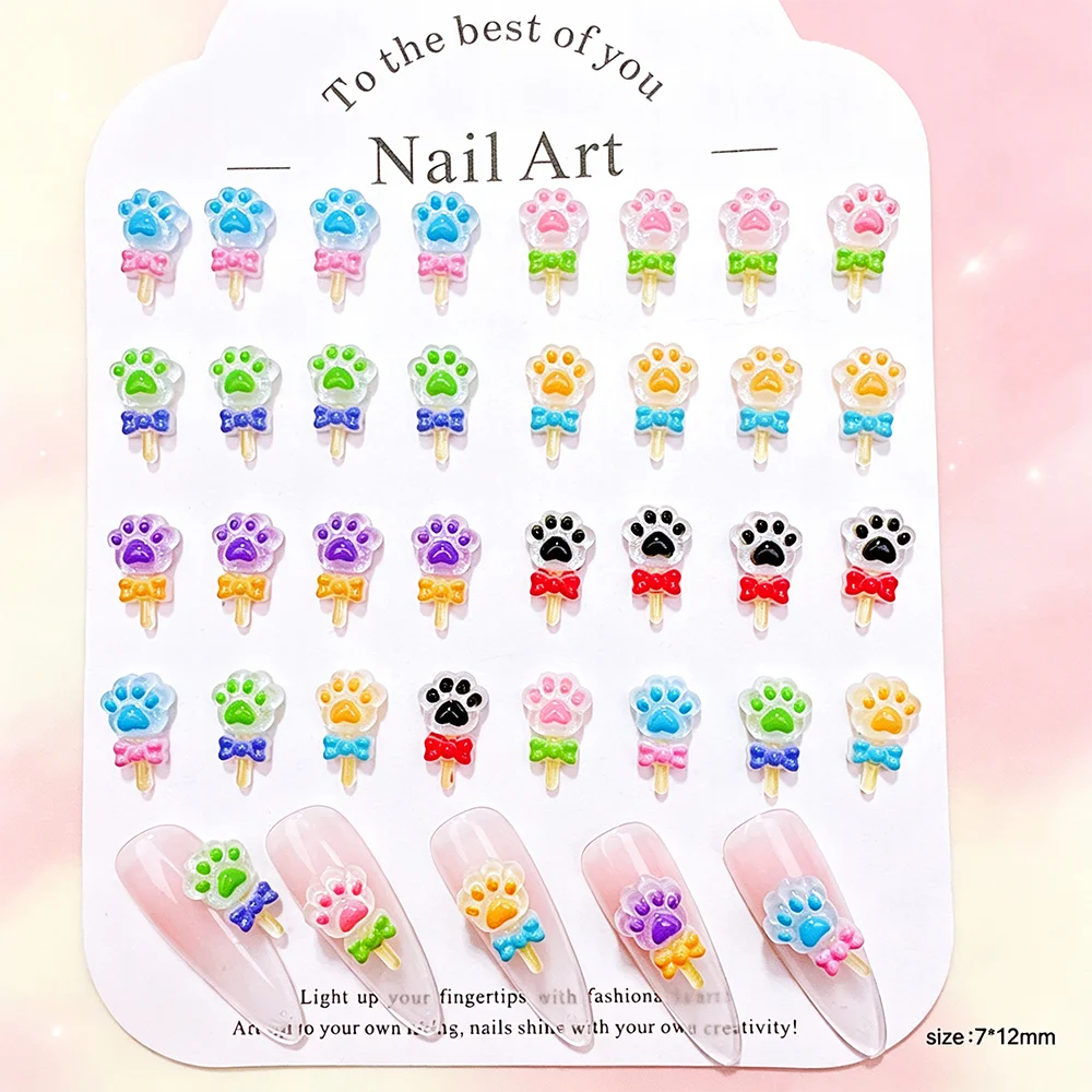 50Pcs Multicolors Cat Paw Magic Wand Bow Nail Charms Flat Back Cat Paws Lollipop Resin Nails Rhinestone DIY Manicure Accessories