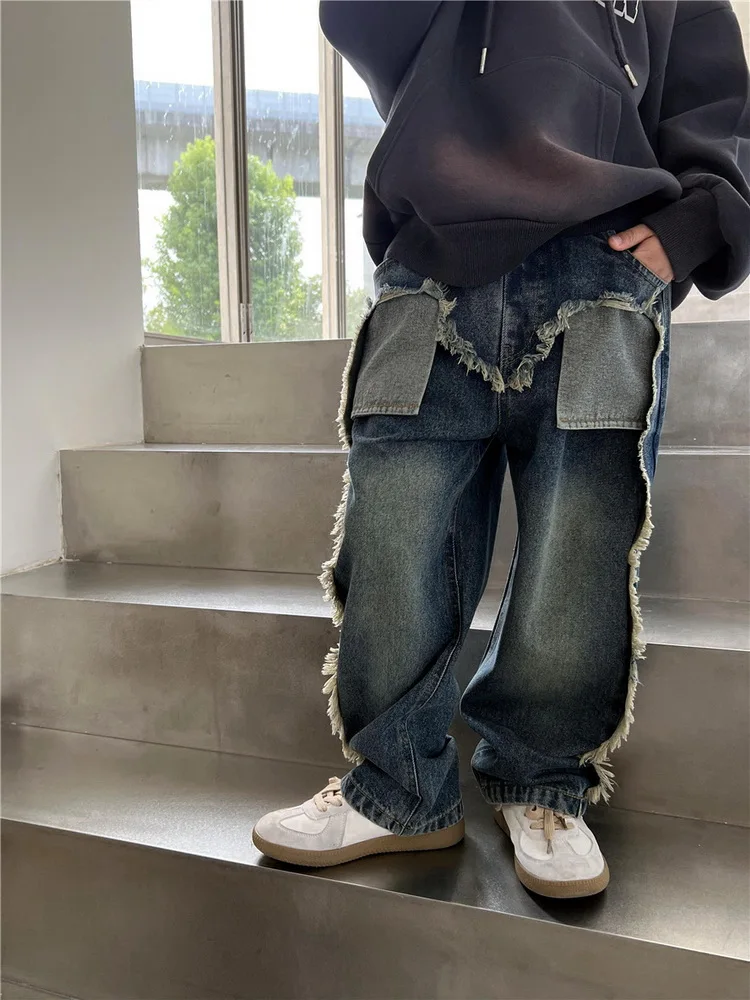 

Повседневные джинсы для мальчиков, детские многослойные дизайнерские джинсы, детские брюки, осенняя одежда для маленьких девочек, модные лоскутные джинсы для малышей 2–7 лет