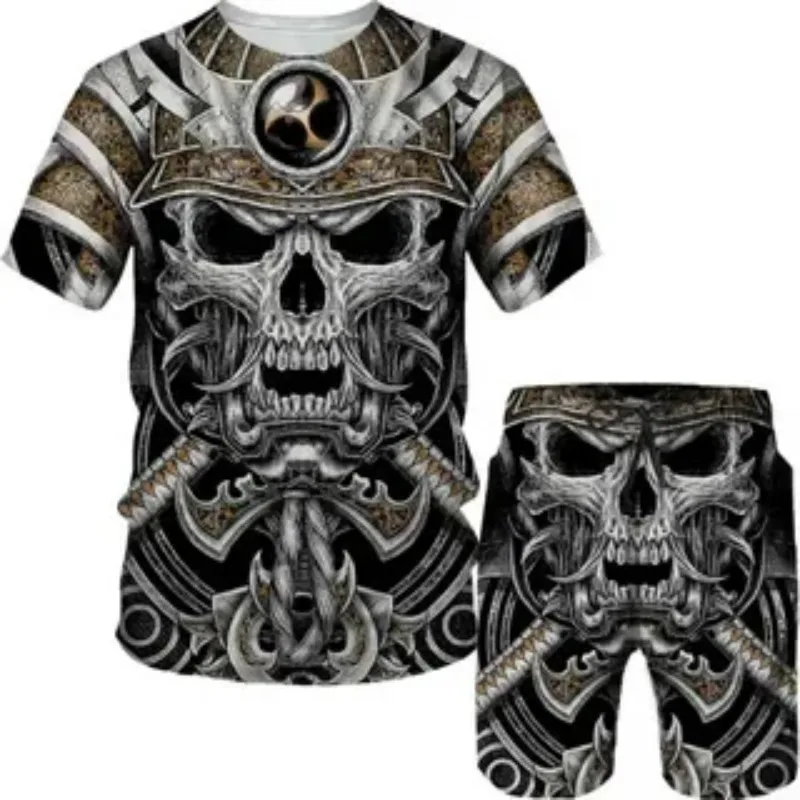 2025 3D Fun Trendy Printed Summer Men's T-shirt Sports Set Two Piece Set Horror T-shirt Short Sleeve Shorts