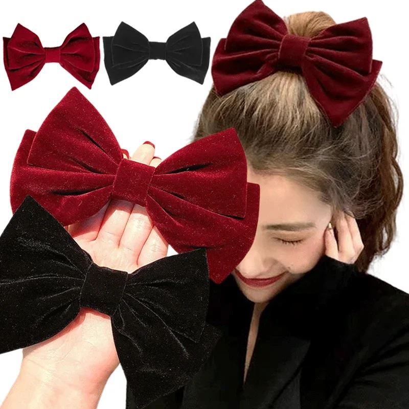 Black Red Velvet Bow Hair Pins Elegant Fabric Hair Clips Rubber Band for Women Fashion Ponytail Barrette Heawear Accessories