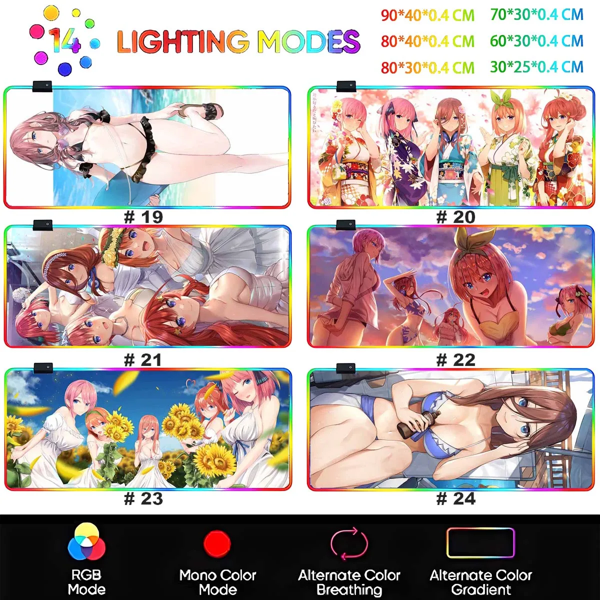 Anime Nakano Miku Large Non-slip Mouse Pad The Quintessential Quintuplets LED Backlit Mouse Pad Overwatch Gaming Keyboard Mat
