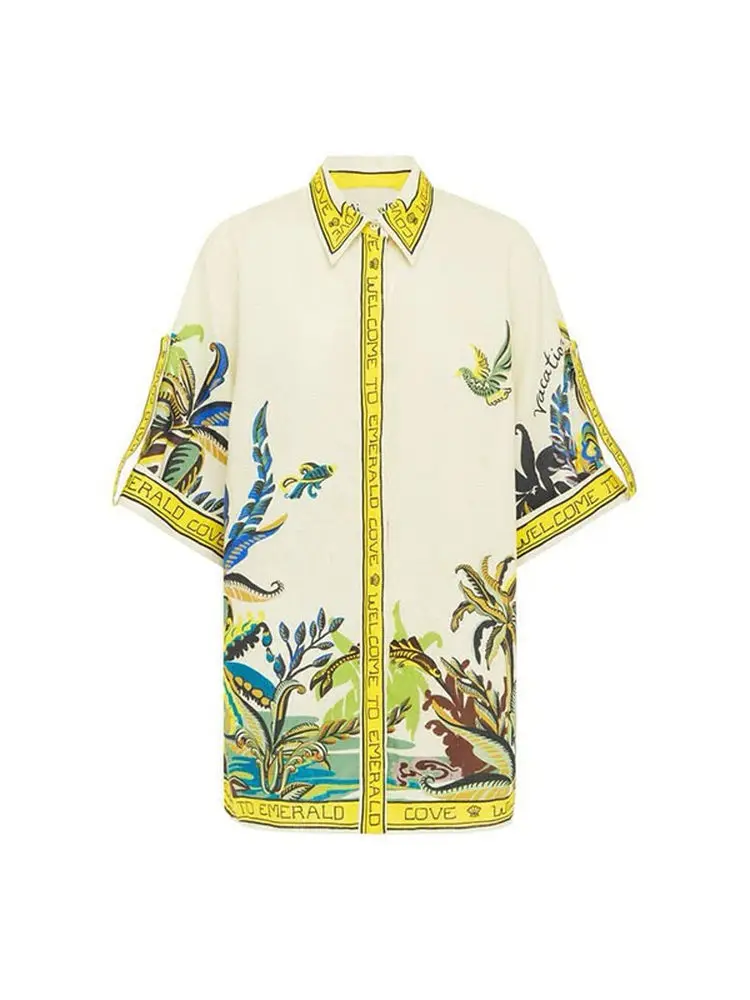 Set Rok dan Atasan Wanita Susan Australian Holiday Sle Retro Yellow Print Linen Loose Fit