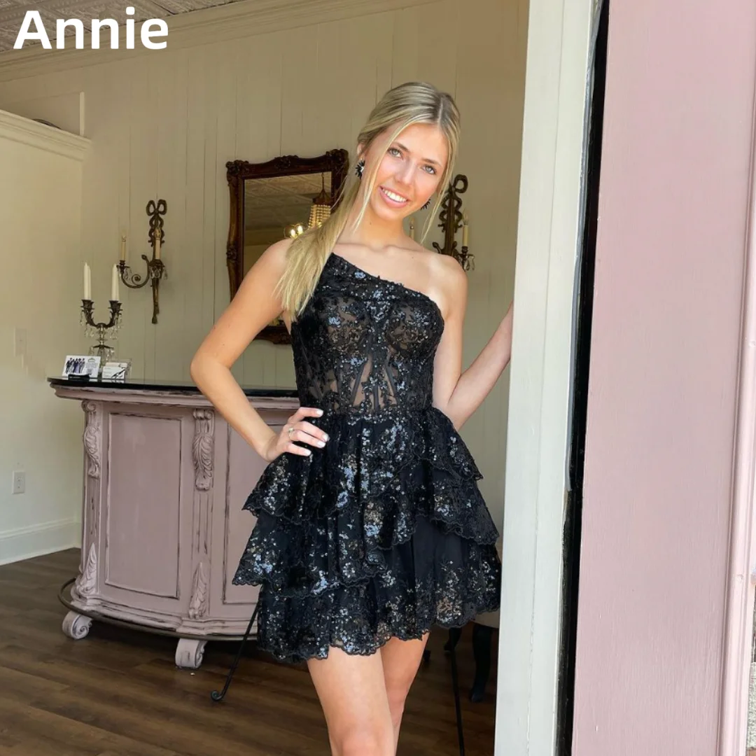 

Annie Lace Glitter Sequins Prom Dresses One Shoulder Mini Short Evening Dresses Formal Occasions Party Dresses فساتين السهرة