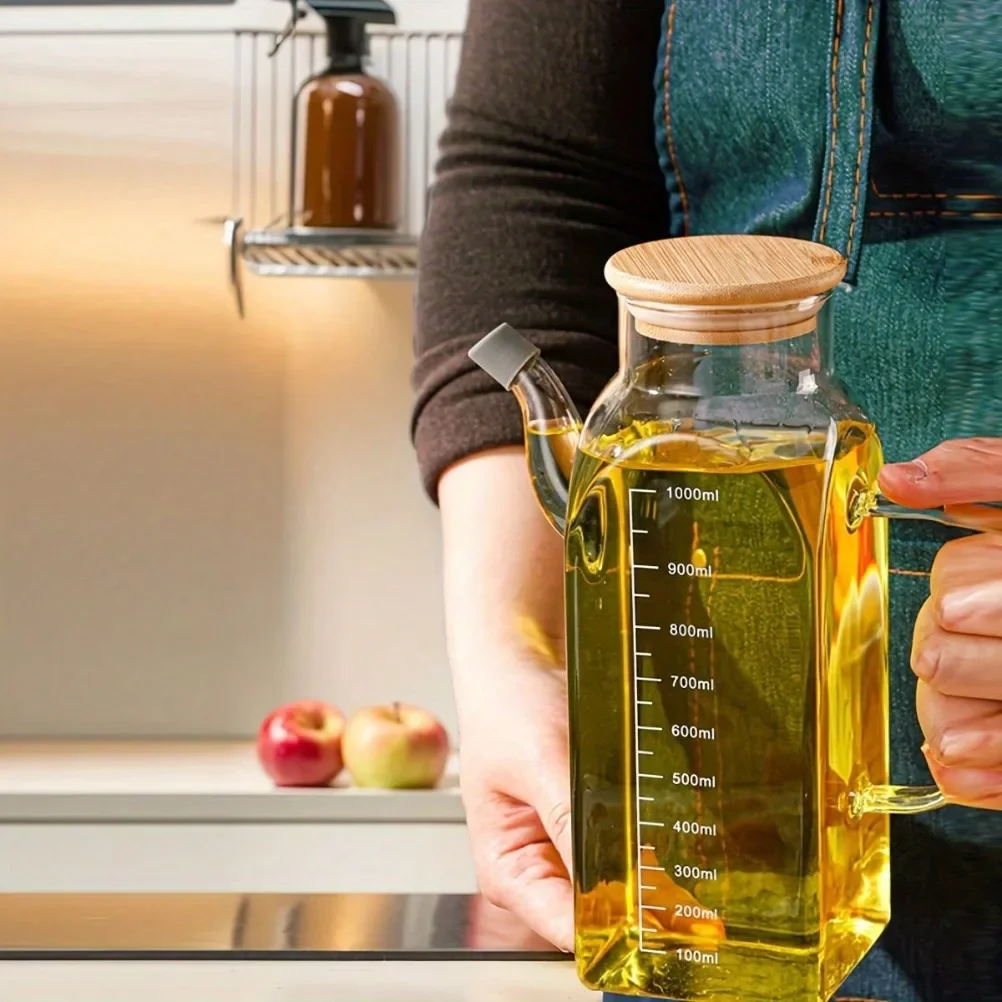 Glass Oil Pot 1000ml Large Capacity Vinegar Pot with Lid with Measurement Markings Hand Wash Only -Home Use Kitchen Accessories