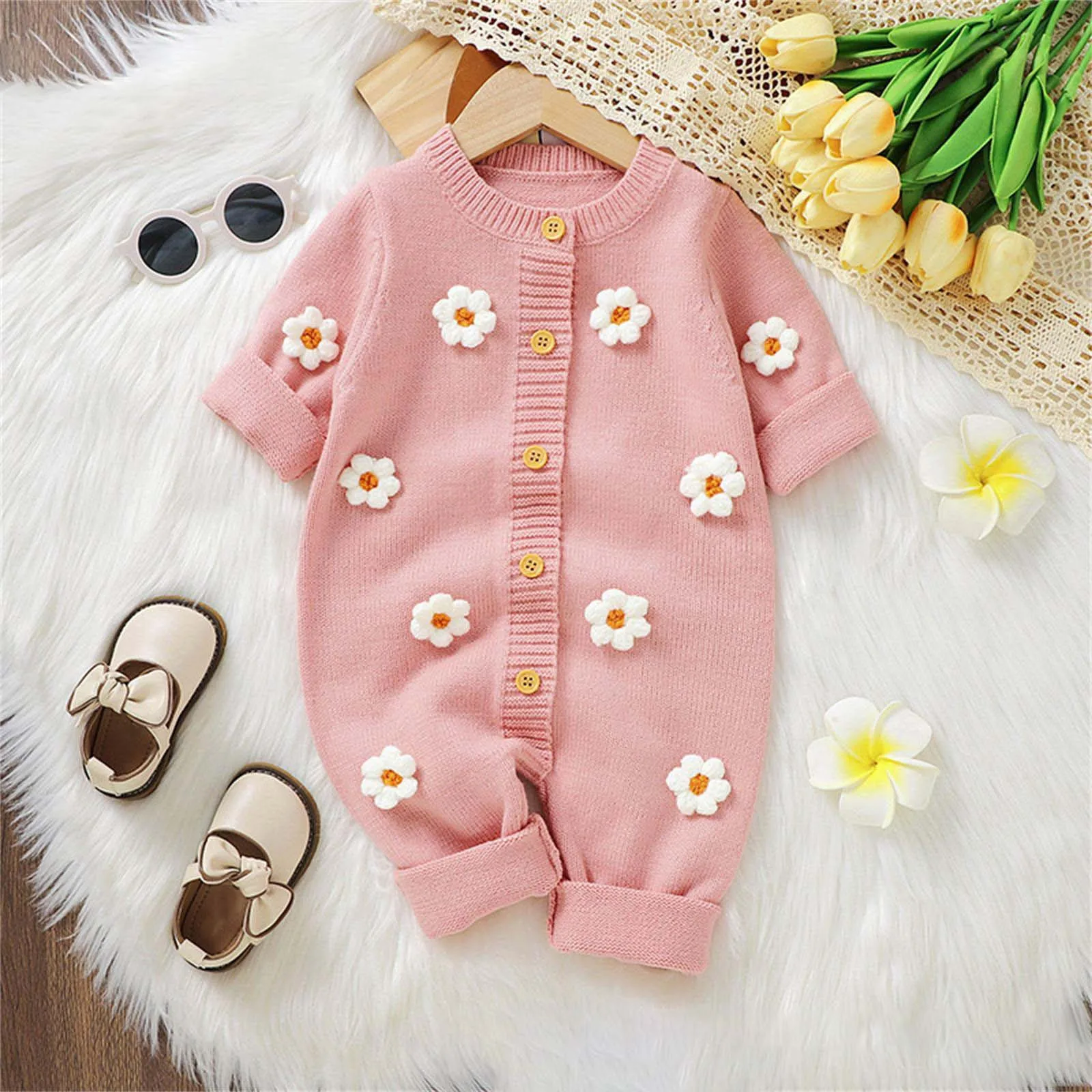 Autumn And Winter Baby Clothing Knitted Jumpsuit Baby Girls Embroidered Flower Print Pink Overalls Baby Girls Jumpsuits 0-18M