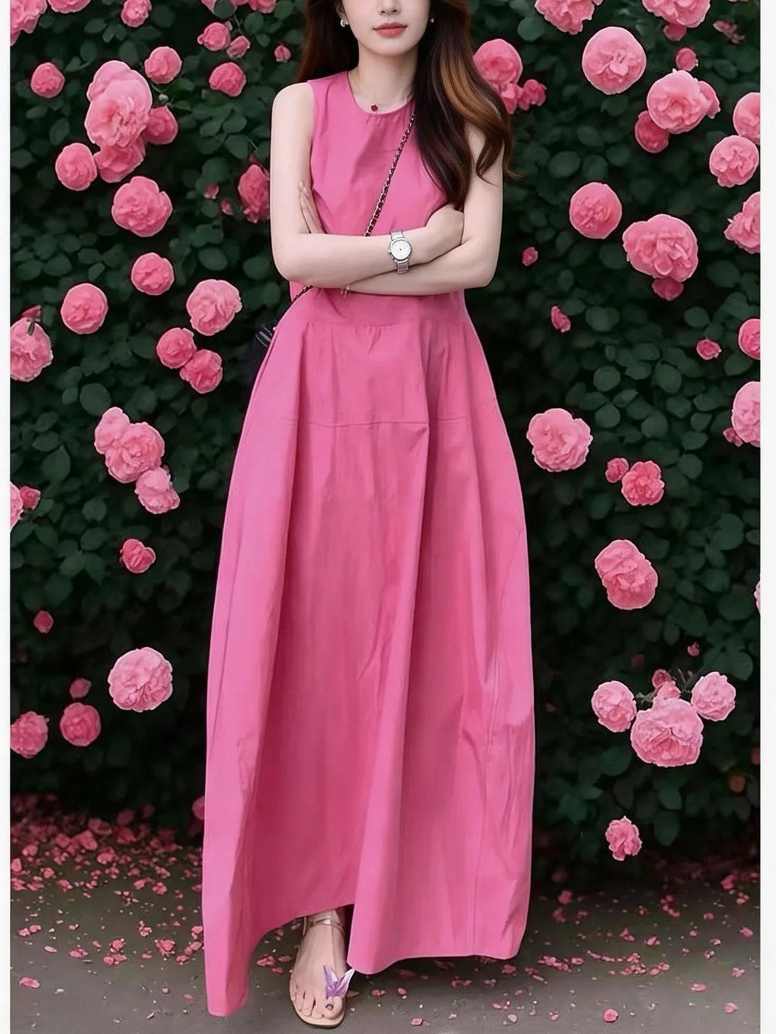 

Женское розовое платье-жилет без рукавов, свободного кроя, стройнящее, длинное летнее платье в винтажном стиле, с круглым вырезом, повседневное, А-силуэт, миди