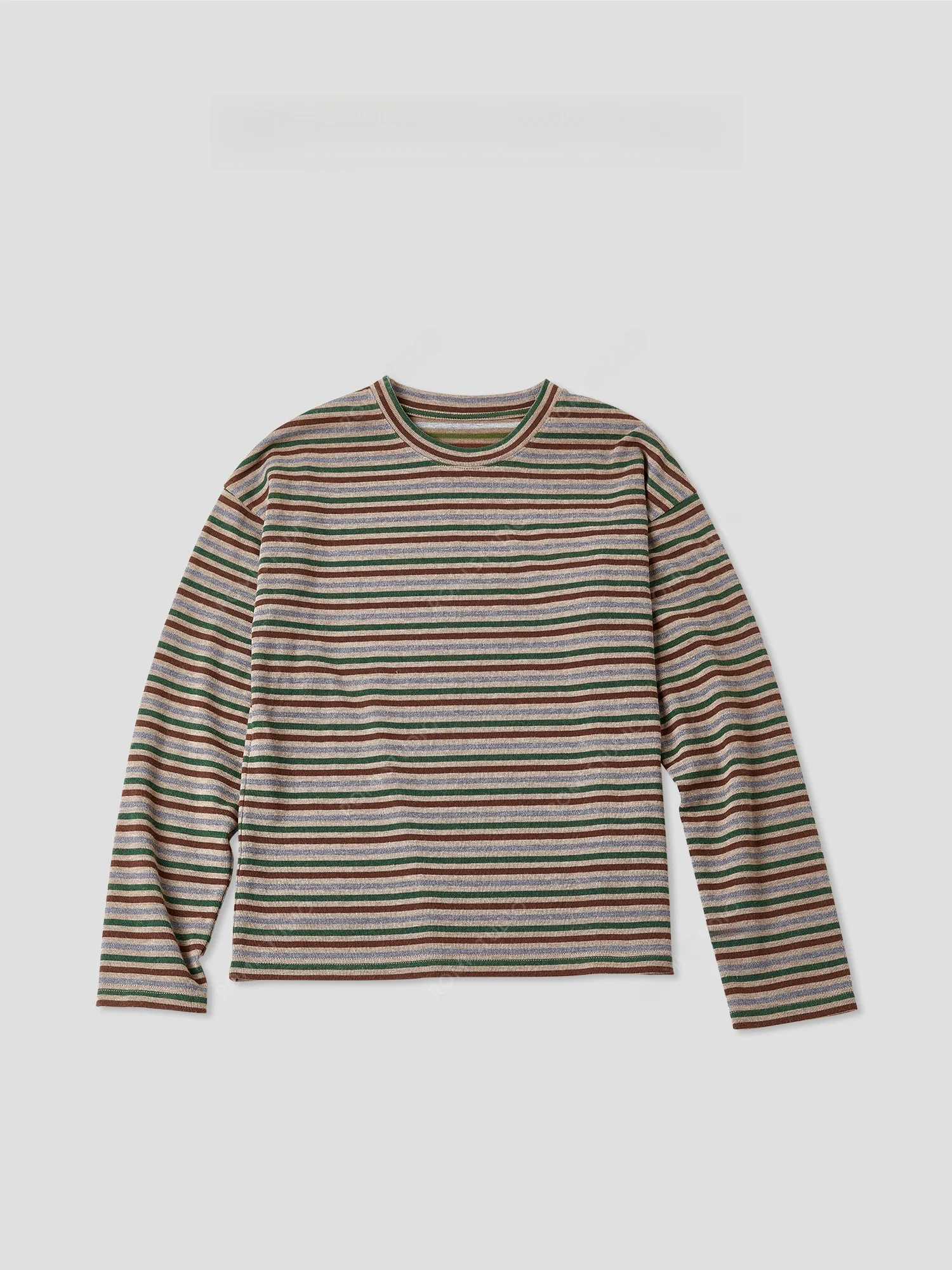 

Romi Studio Vintage Colored Woven Long Sve Soft round Ne T-irt Retro Striped Cotton Polyester Blend Women's Top