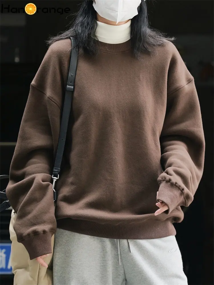 HanOrange 2024 Winter Casual Slouchy Plush Round Neck Sweater Loose Warm Comfortable Top Women