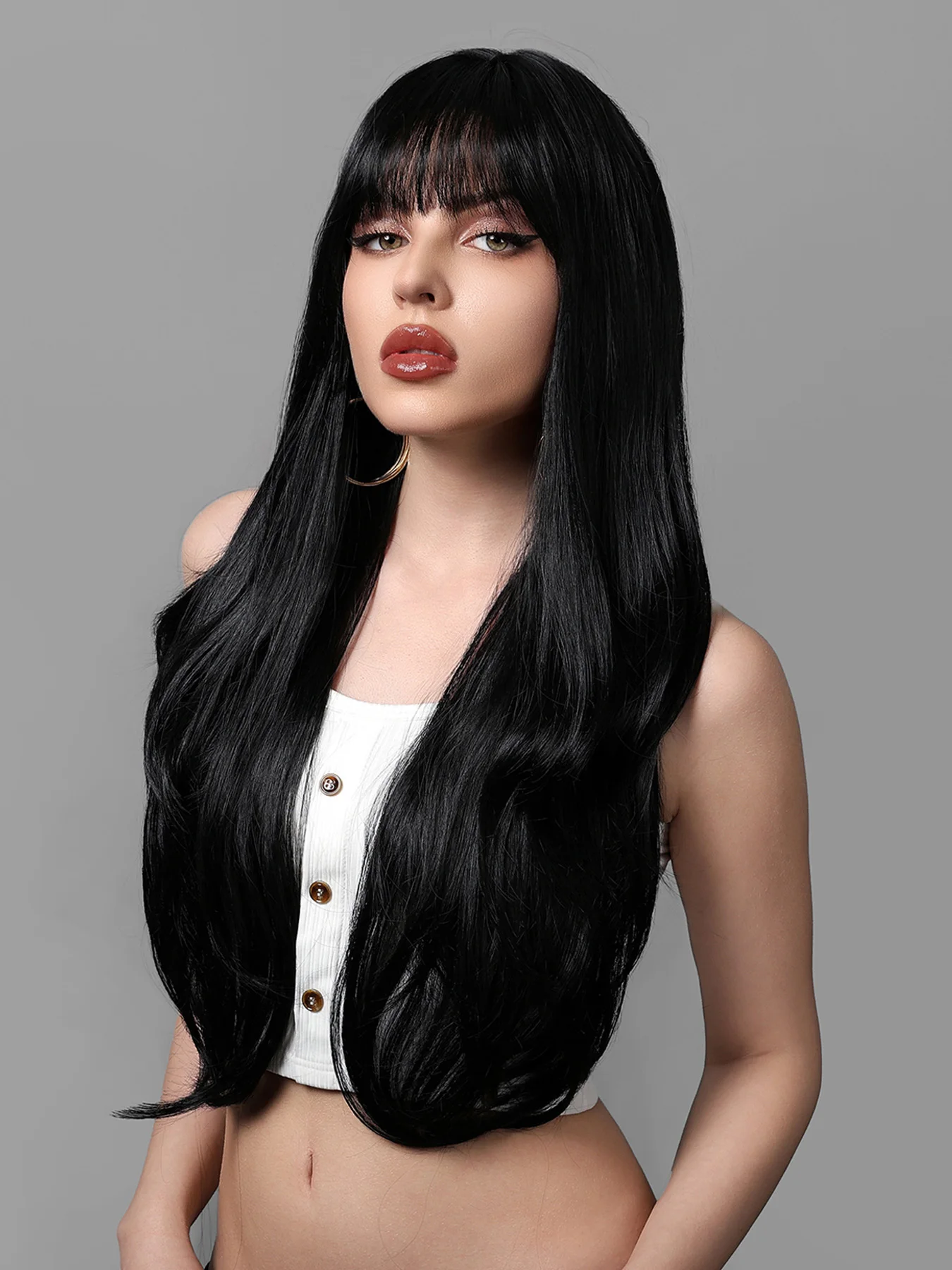 GEMMA Long Black Straight Synthetic Wigs with Bangs for Women Layered Natural Hair Cosplay Party Daily Use Heat Resistant Wig