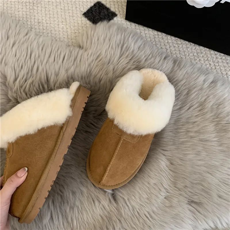 Fur one leather snow boots bun head half drag warm fur shoes snow cotton shoes go out to wear home winter women's shoes