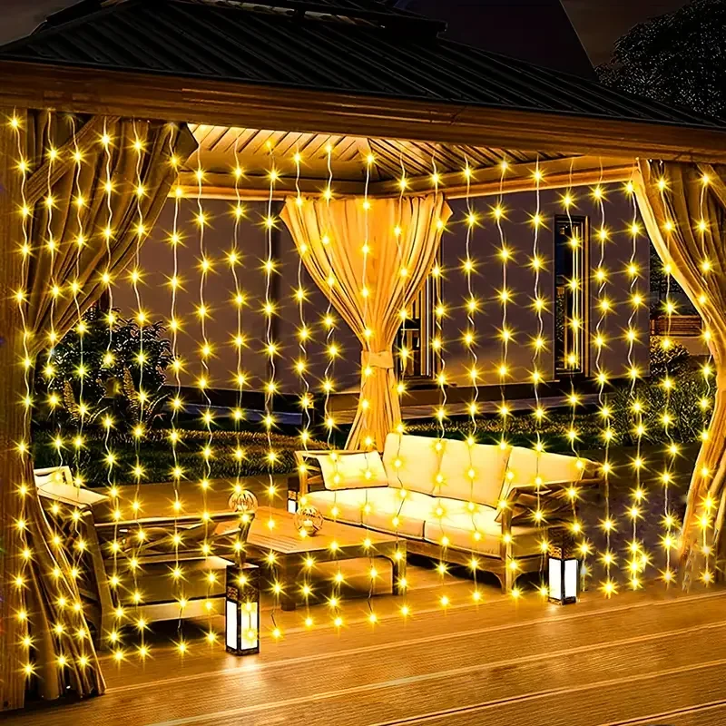 Solar Curtain LED String Lights Outdoor Christmas Decorations 2024 Great for Wedding Birthday Patio Garden Fairy Light Decor