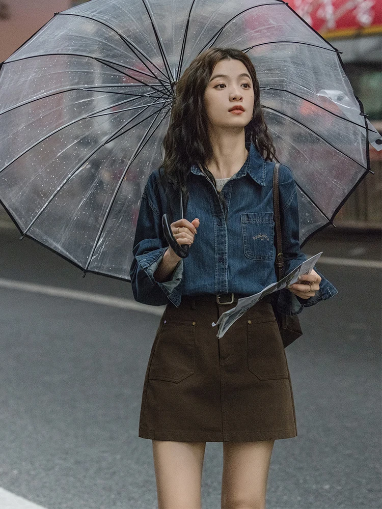 

Женская джинсовая куртка в стиле ретро, темно-синяя, повседневная, свободного кроя, удлиненная, прямого кроя, однотонная, для повседневной носки