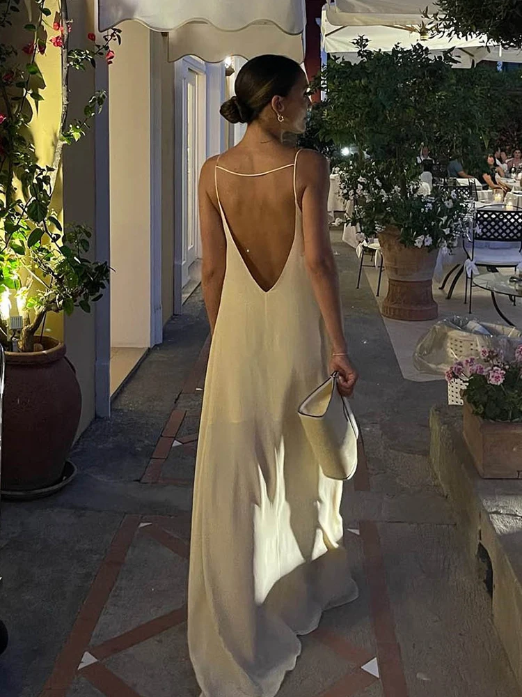 ByeMyLove Elegant Solid Loose Silk Backless Maxi Dress Women Sleeveless Loose Hem Strap Fashion Beach Long Dress Party Vestidos