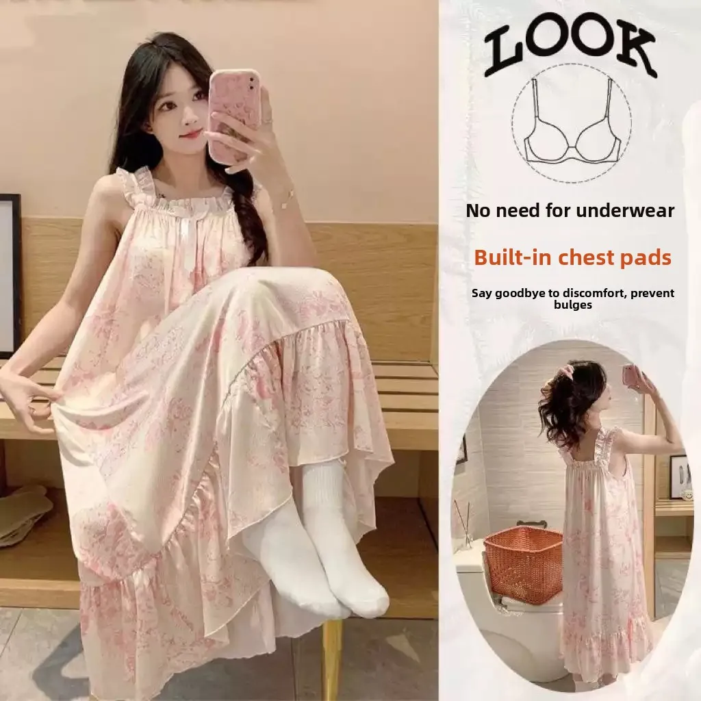 Ice Silk One-Piece Sweet Strap Sleep Dress with Chest Pad Thin Autumn Home Clothes Summer Vest Home Service Women's Nightgown
