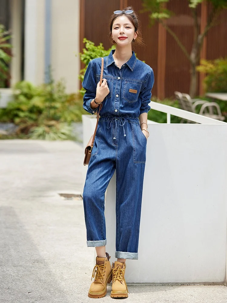 ชุดเอี๊ยมยีนส์ลำลอง La Chapelle แฟชั่นสำหรับผู้หญิง ทรงหลวม สไตล์ชุดทำงาน กางเกงขายาวเอวสูง ผ้าฝ้าย ทรงตรง