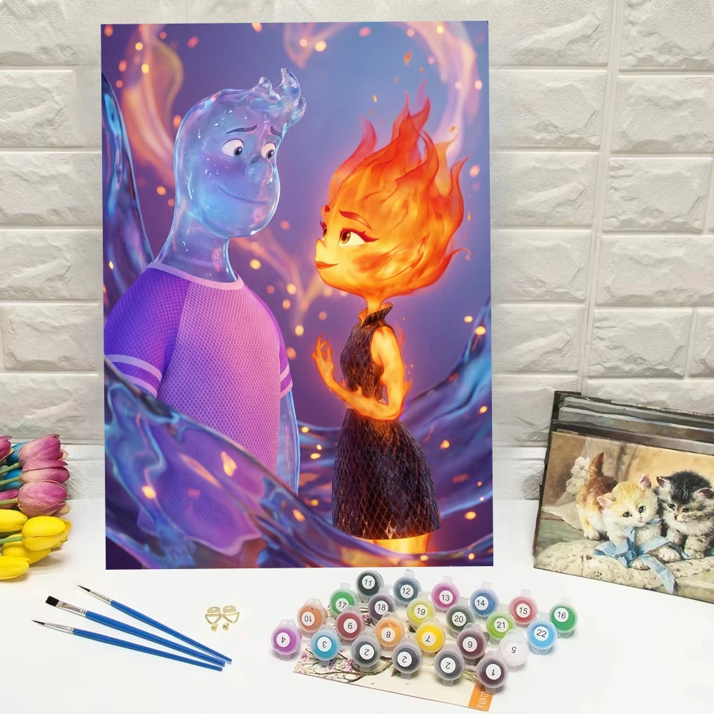 Cartoon Water And Fire Element Characters Oil Painting By Numbers DIY Artwork For Bedroom Wall Decor Aesthetic Room