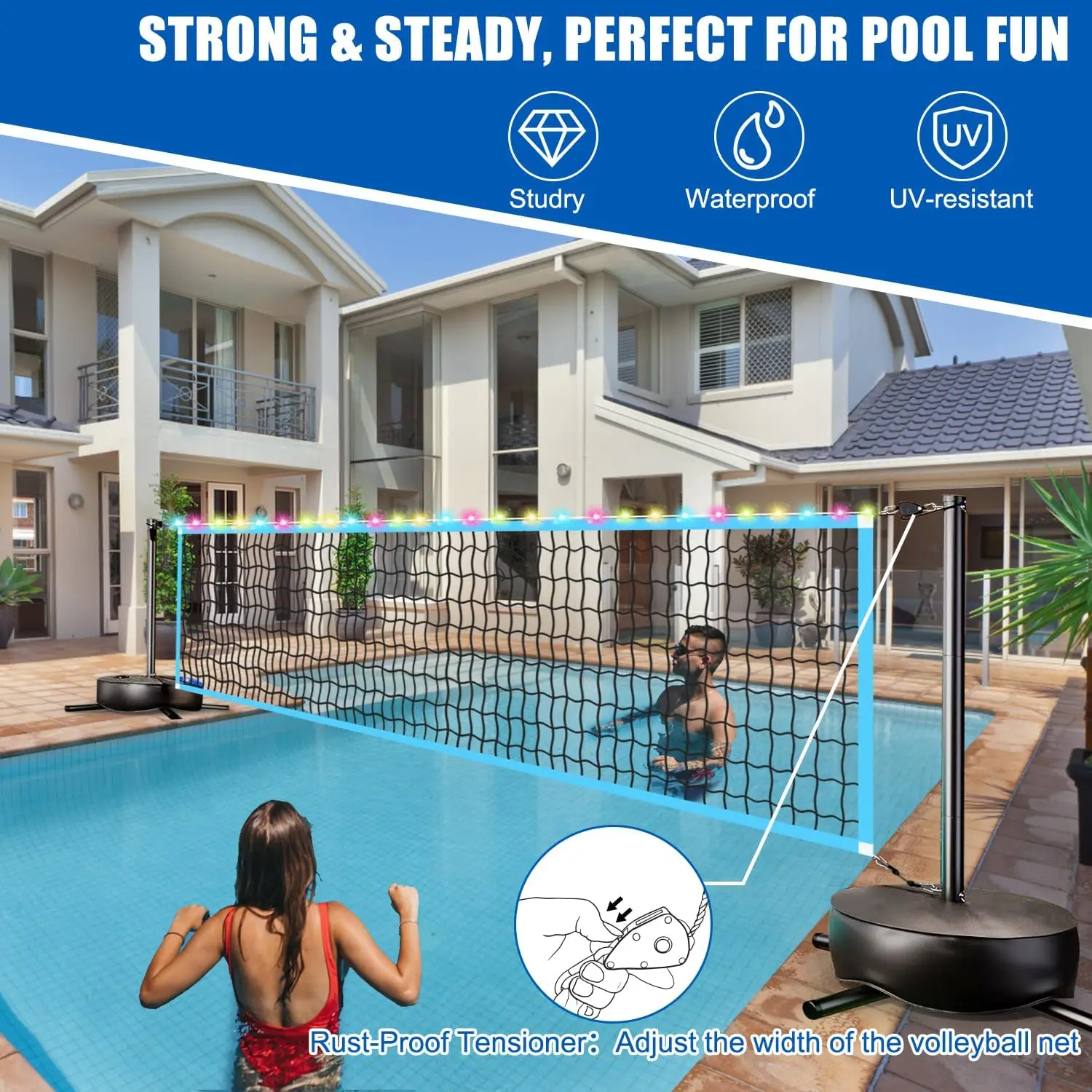 Portable Outdoor LED Volleyball Net with 2 Glowing Balls & Weighted Bases, Adjustable 15-30FT for Inground Pools, Swimming Pool Sports Game Set with Light view 5