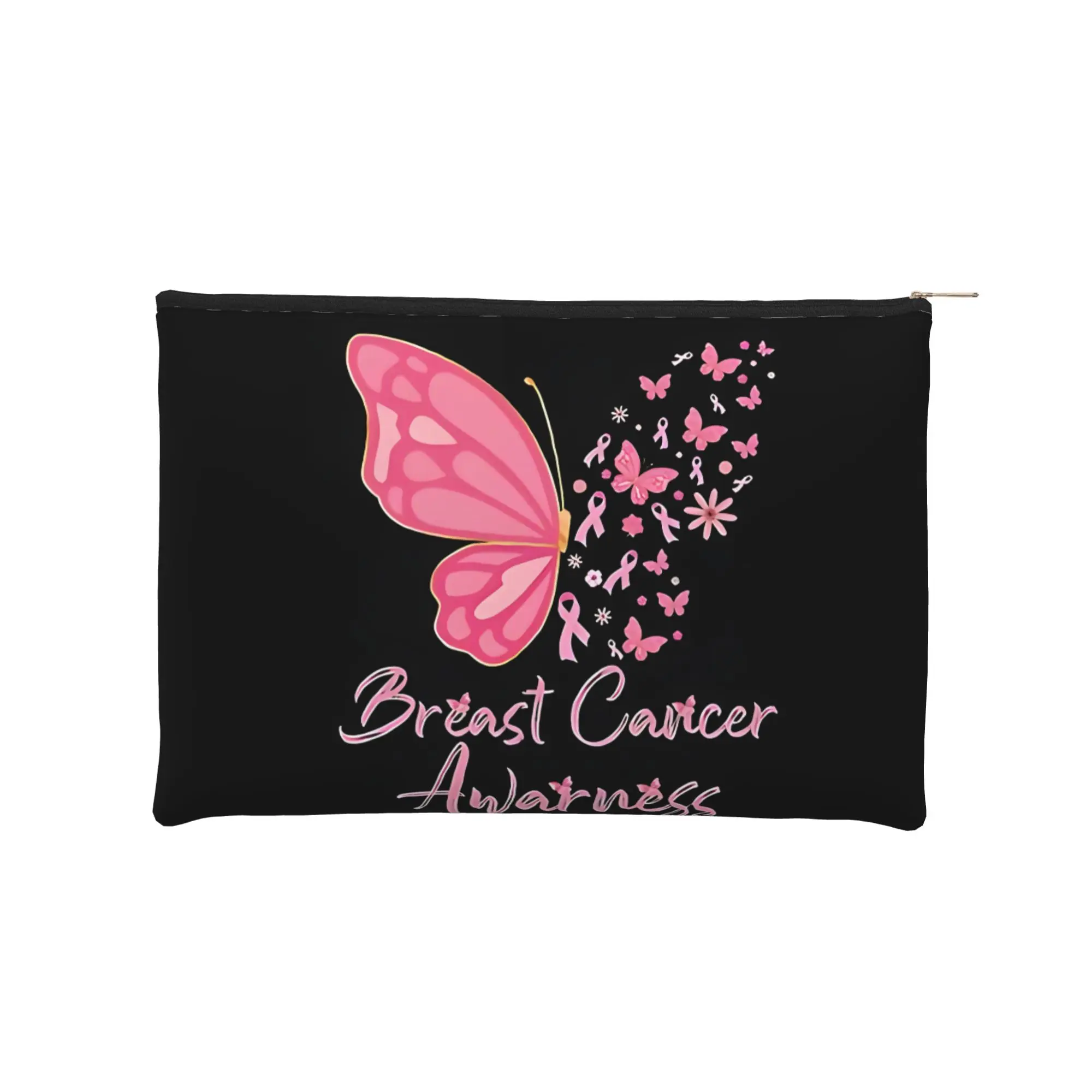 Foldable Cute pouch Breast Cancer Butterflies Survival Ribbon Makeup Bag  Toiletry Bag with Zipper