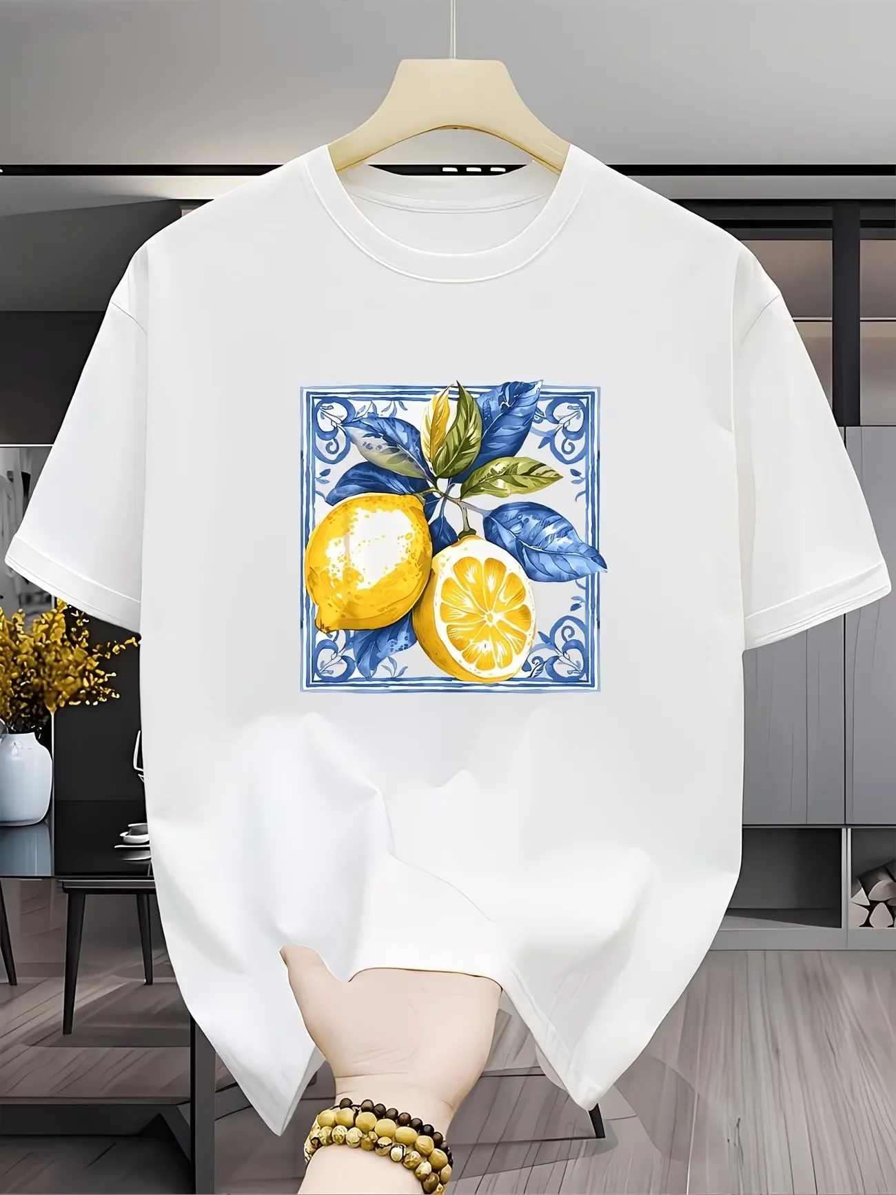 Vintage Lemon Blue Tile Graphic T Shirt Mediterranean Mosaic Art Tops Women Trendy Aesthetic Casual Short Sleeve Tee Fashion
