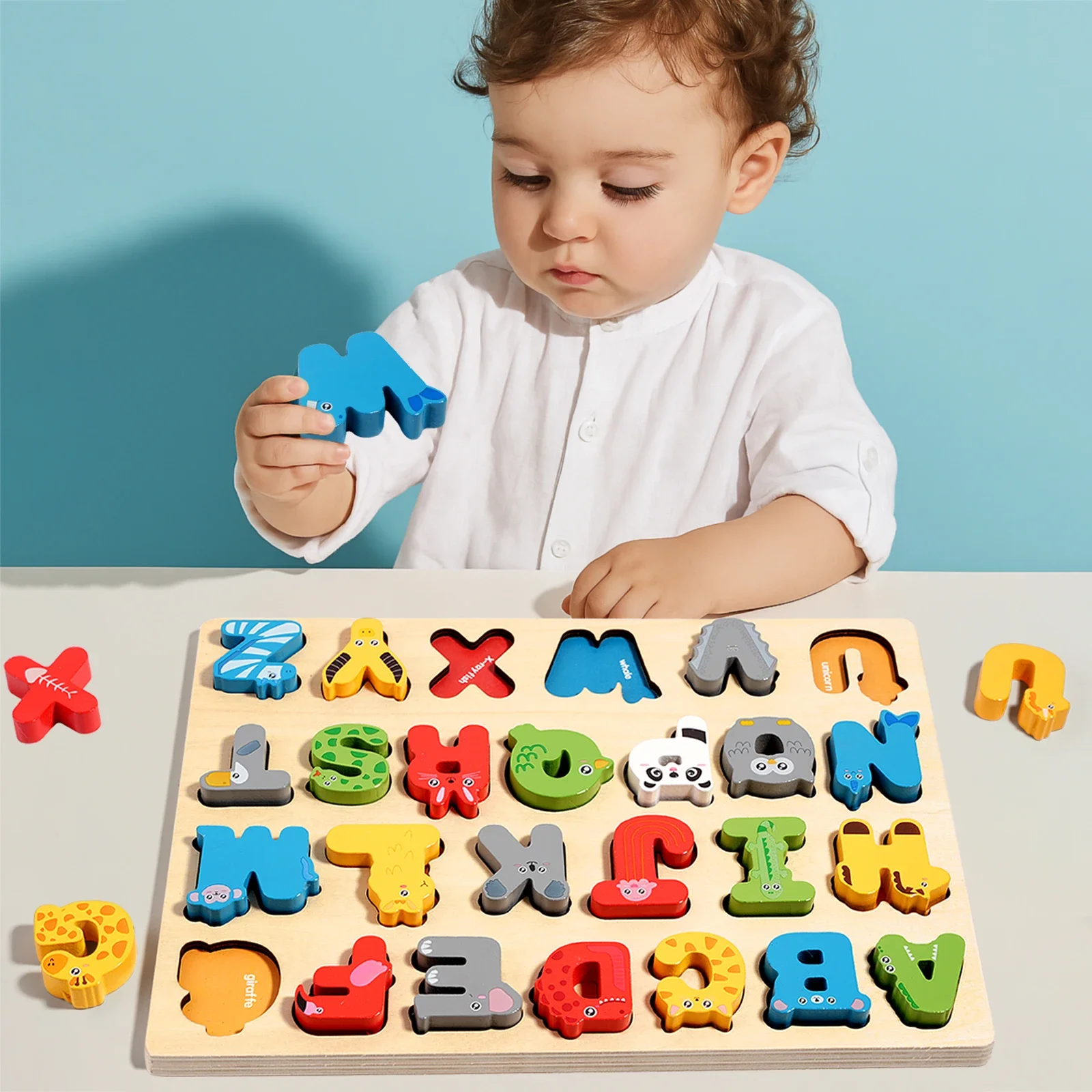 Montessori Wooden Toys 3D Colorful Alphabet Number Puzzle Puzzles Matching Games Early Education Mathematics Shape Cognition