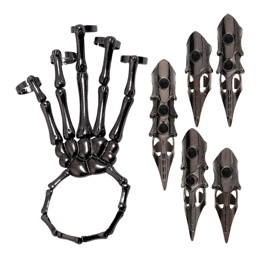 

1 set 1 Set Long Ring Gloves Hand Bracelet Adjustable Punk Jewelry For Men Retro Style Full Finger Claw Rings Gothic
