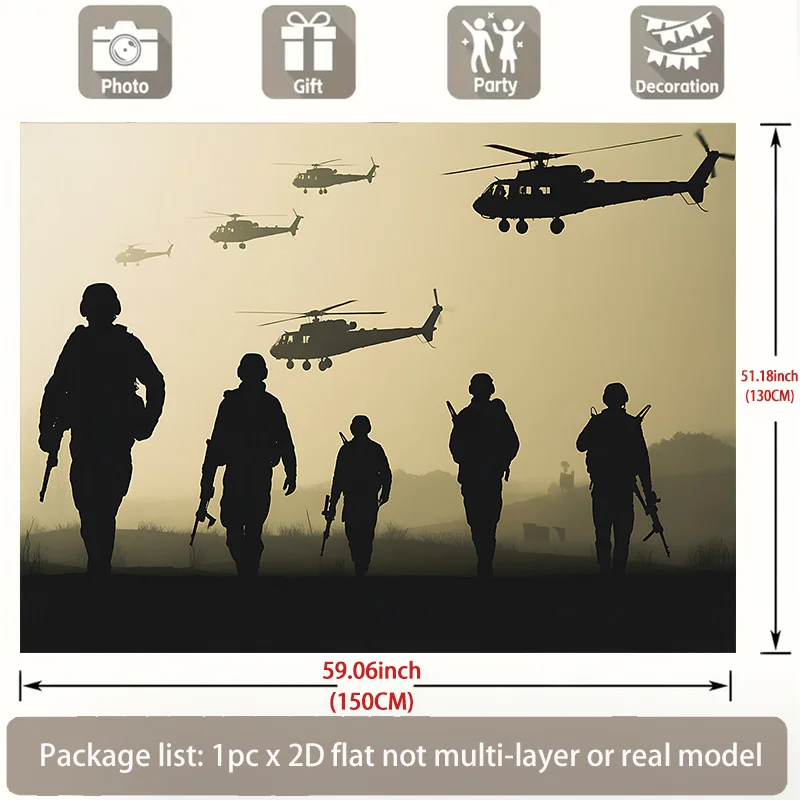 Large Military Wall Tapestry Decor Canvas Soldier Army Combat Art Hanging Scroll Helicopter Silhouette Tactical Scene Room Gift