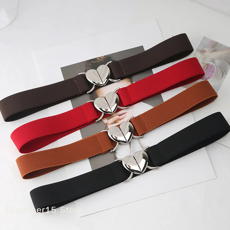 【R】1PC 2022 Women Elastic Belts Love Heart Metal Buckle Waist Dress Coat Sweater Decorative Elegant Exquisite Waistband Accessor