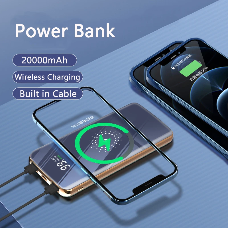 20000mAh Wireless Power Bank Come With 4 Wires Portable Charger Poverbank for iPhone 16 15 X Samsung S23 Huawei Xiaomi Powerbank