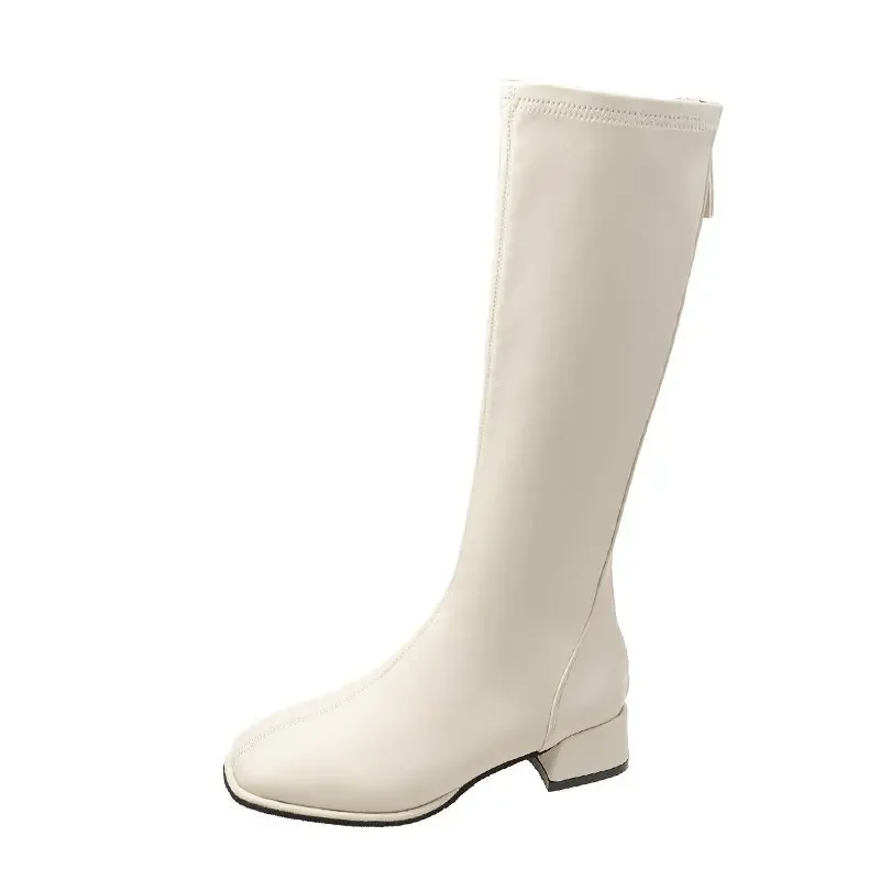 Comemore Large Size 43 Thick Low Heel Knight Knee Boots Women Elegant Shoes Plush White Autumn Winter 2023 New Leather Long Boot