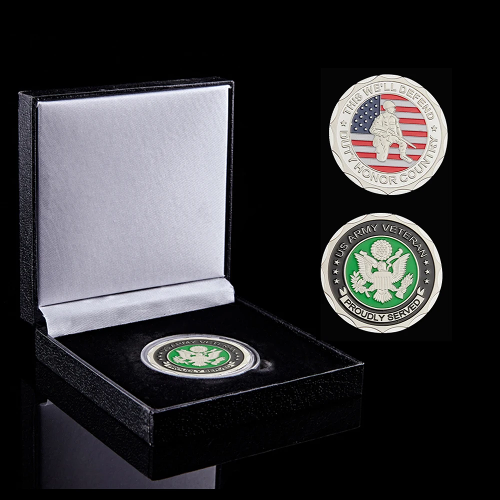 

US Army Veteran Duty Honor Country Proudly Served Silver Plated Challenge Coin w/ Luxury Coin Box Display