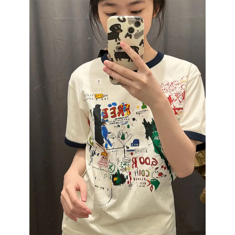 女性服 Y2K プリントルーズユースオールマッチプルオーバートップ夏の新半袖ストリートカジュアル Tシャツファッション韓国トレンド