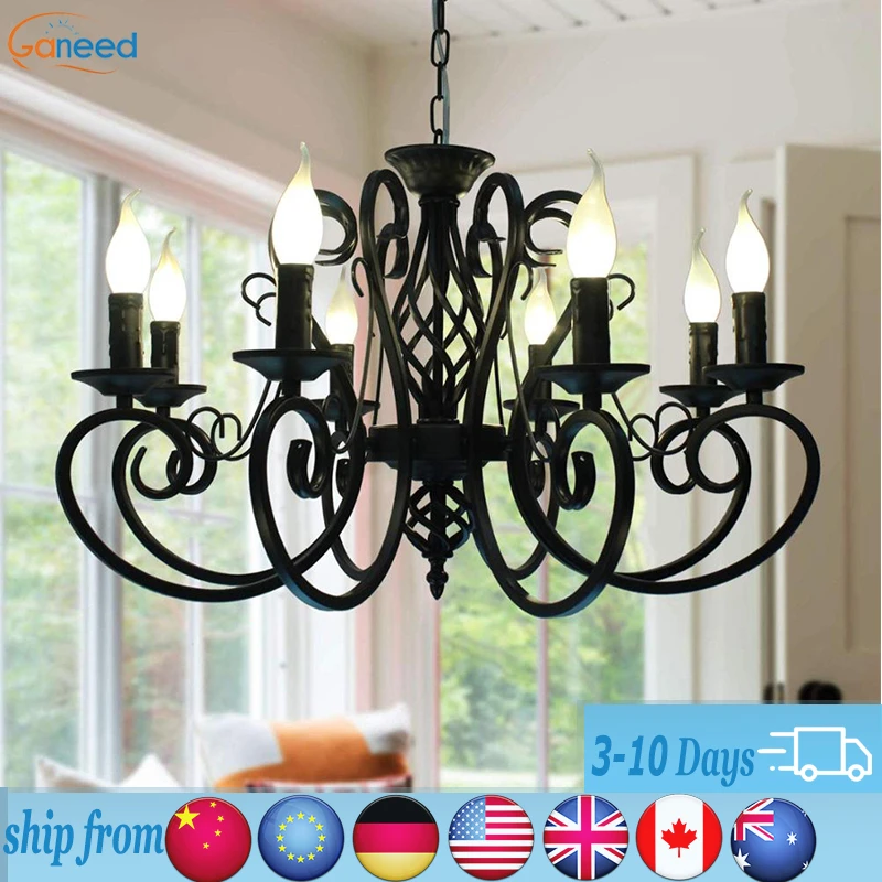 

Vintage Wrought Iron Chandelier Candle Light Black Metal Lighting Fixture for Living Room Foyer Hanging Pendant Lamp