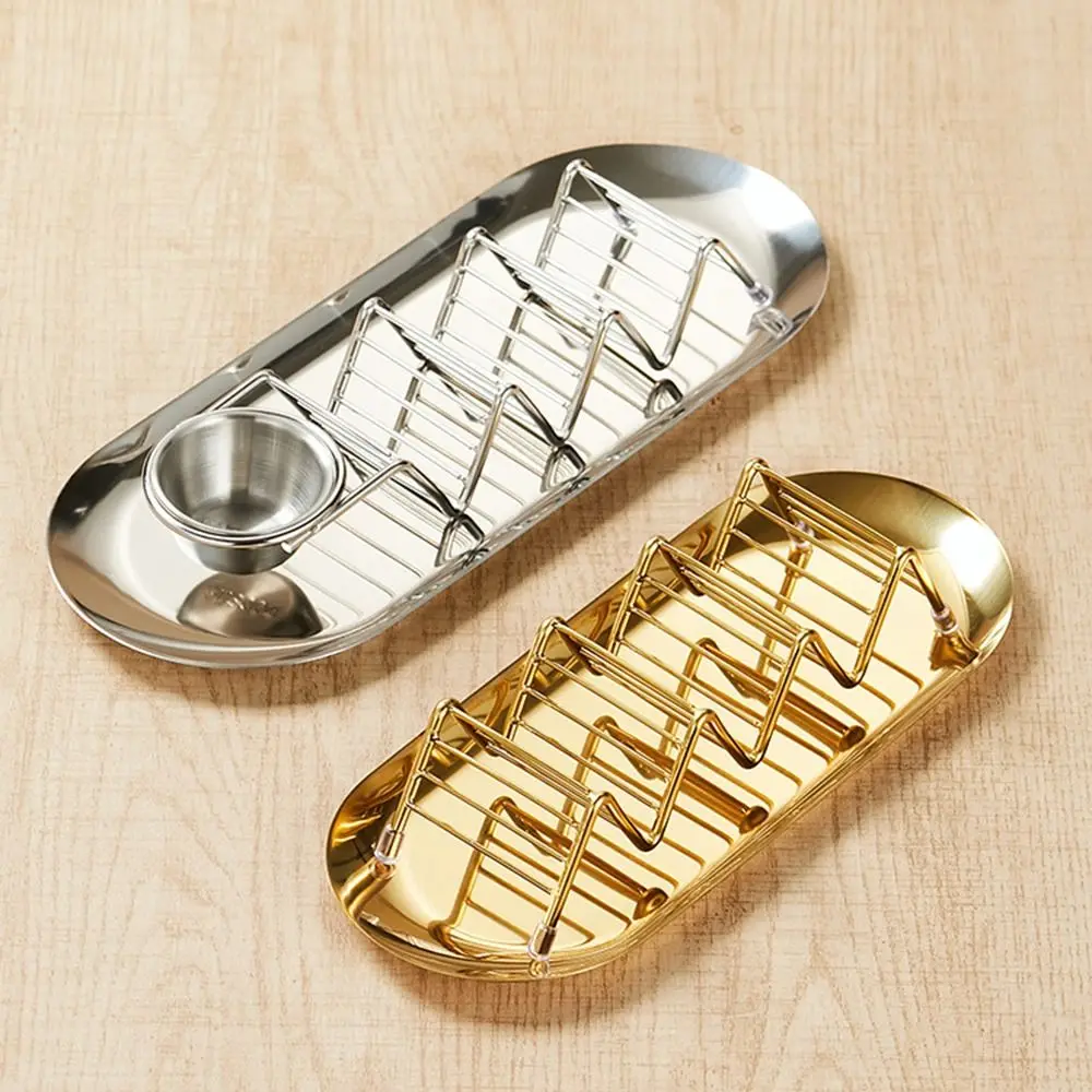 W-shaped Stainless Steel Taco Holder with Sauce Cup Non-slip Mexican Roll Rack Rust-proof for 1/2/3/4 Tacos Pancake Display Tray
