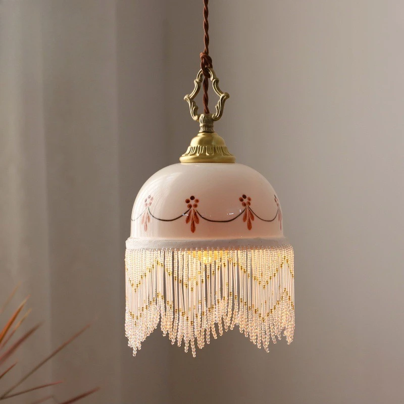 

Hand painted ceramic chandelier antique French retro bedroom bedside restaurant entrance bar fringed lamps