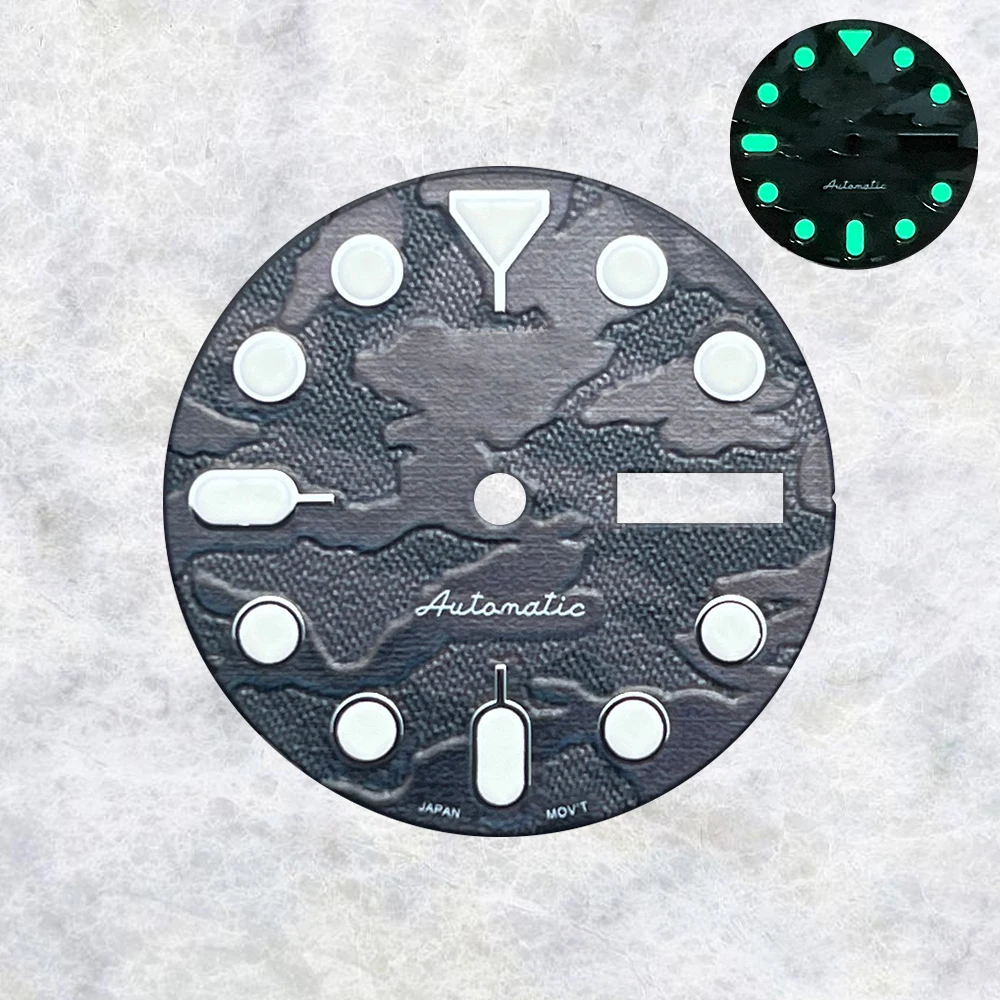 

28.5mm S Logo Camouflage dual-calendar dial For Nh36 Japanese Automatic Movement Green Luminous Watch